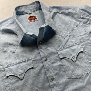 Miller Western Wear Shirt Mens 17 Blue Short Sleeve Pearl Snap Cowboy Made USA